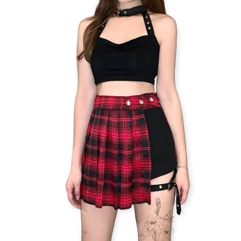 High Waist Red Plaid Pleated Mini Skirt  Leg Strap - NEW